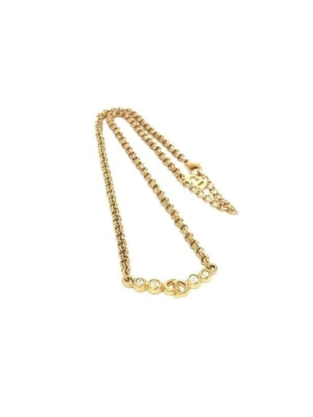 Dior Necklace CD Logo Gold Metal Rhinestone Vintage